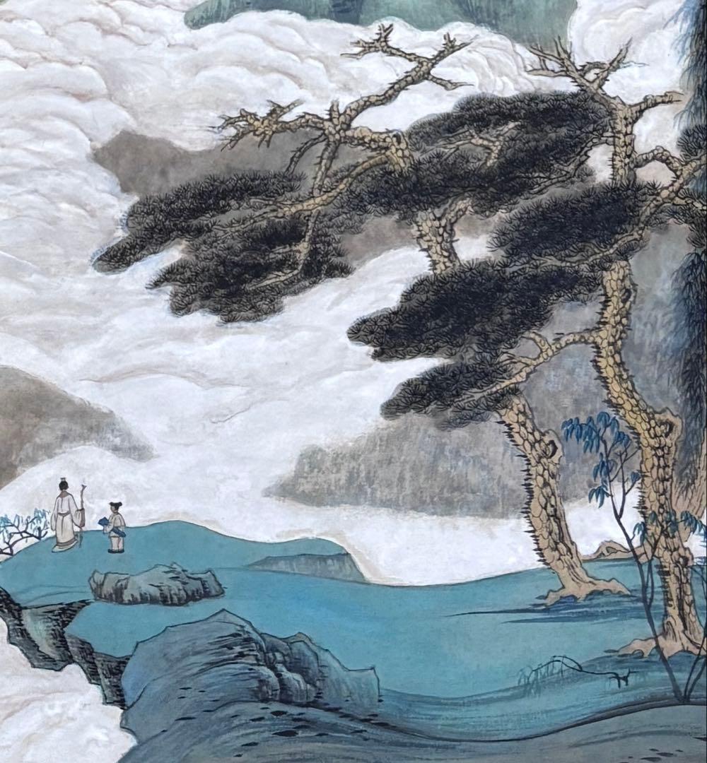 水墨画　掛軸　策杖倚天風 謝光力画　中国　絵画　山水　張大千大風堂　カラー