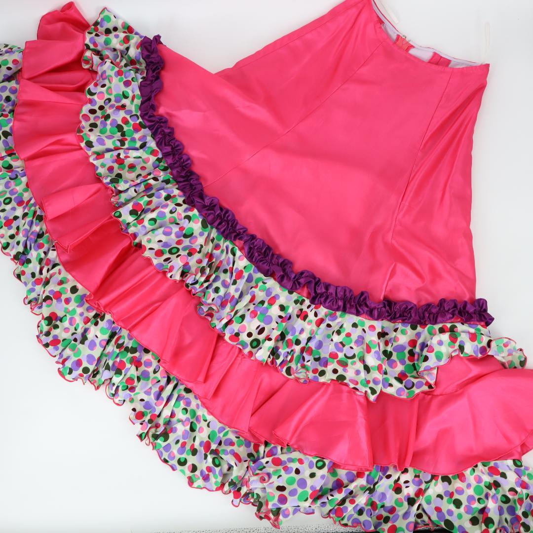 【美品 フラメンコ衣装】光沢ピンク×マルチカラー柄 ブラウス ファルダ スカート