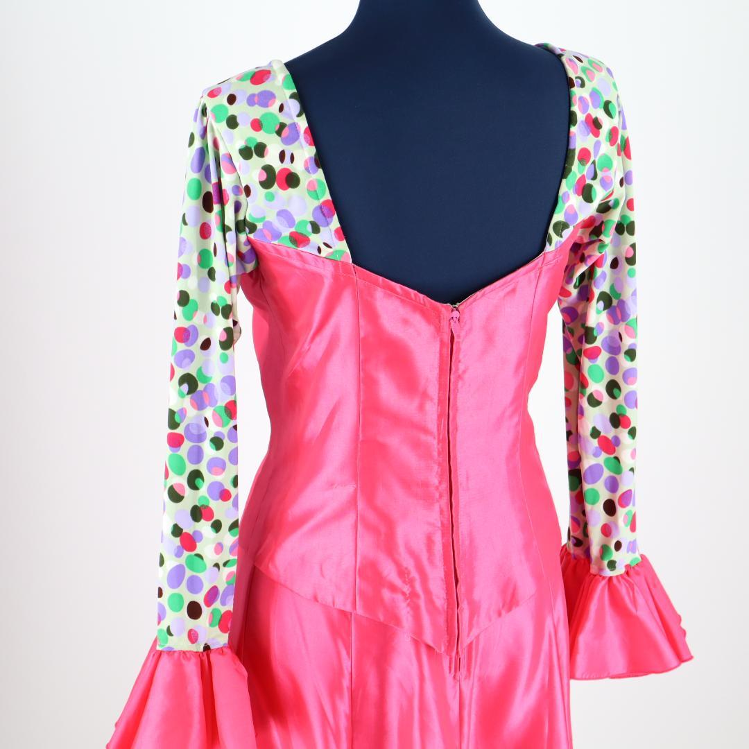 【美品 フラメンコ衣装】光沢ピンク×マルチカラー柄 ブラウス ファルダ スカート