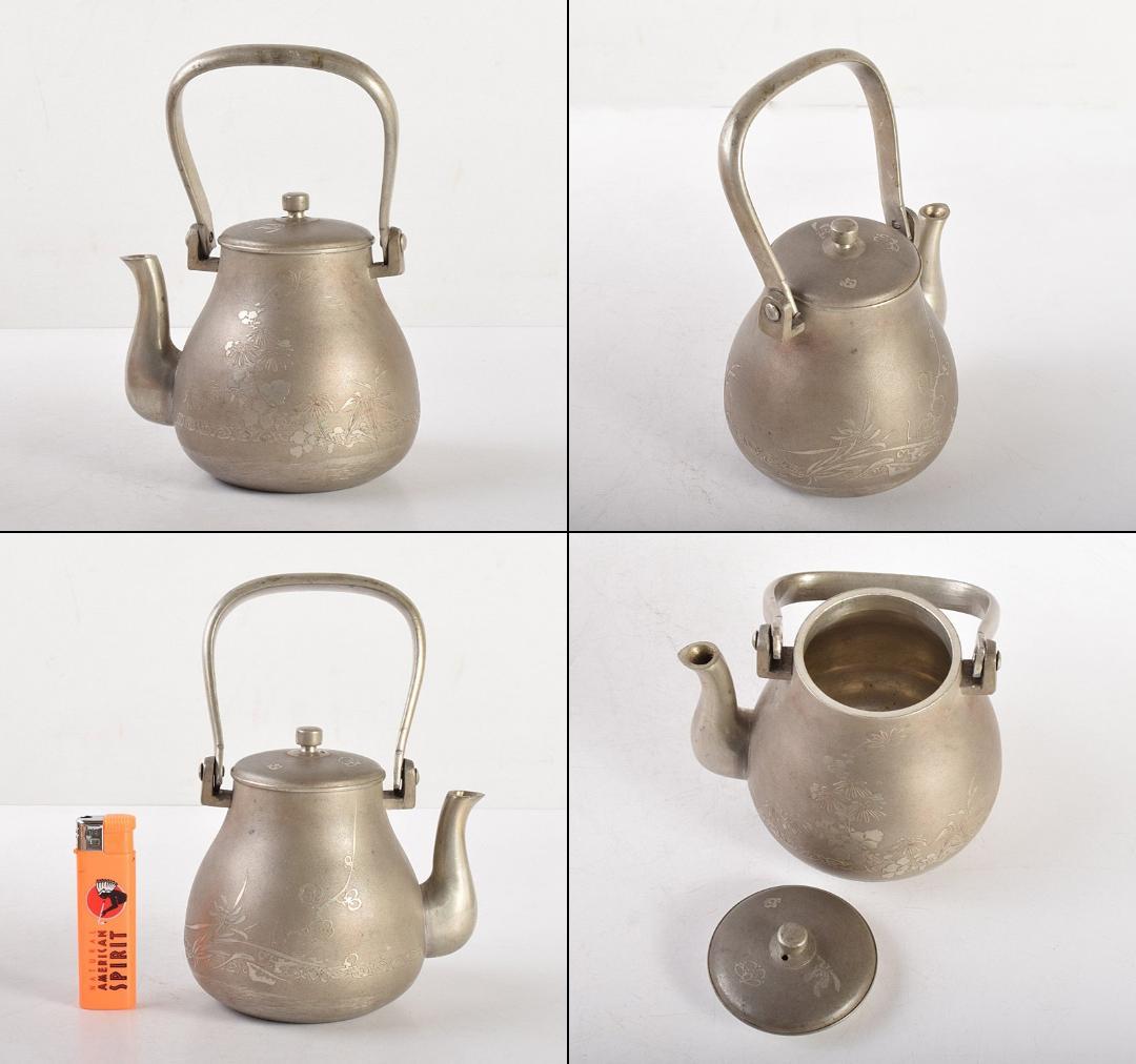 煎茶道具　薩摩　純正錫　山崎製　古錫梅文　急須　時代箱　M　R5009