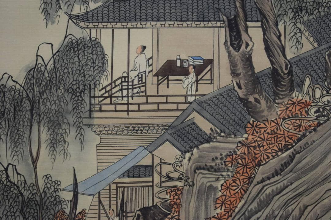 模写/唐寅/青緑山水人物図/布袋屋掛軸HG-660