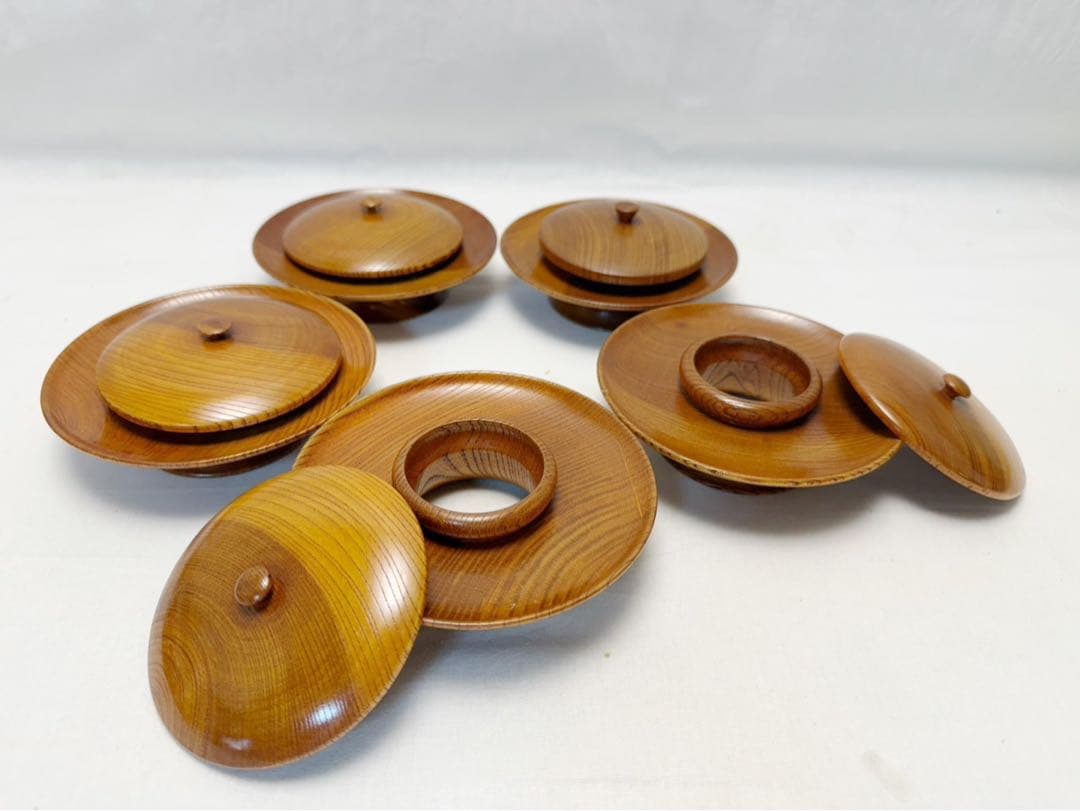 ほぼ未使用 茶道具 桑 天目台 高茶台 貴人台 茶托 蓋付き 5客揃え 煎茶道具