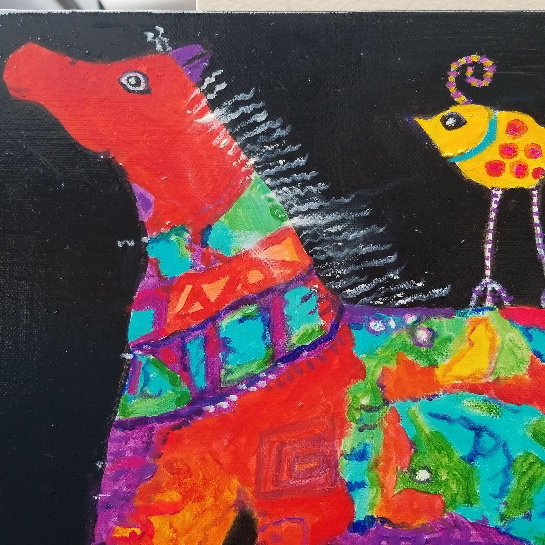 油絵　専用　大好きな馬に乗る鳥