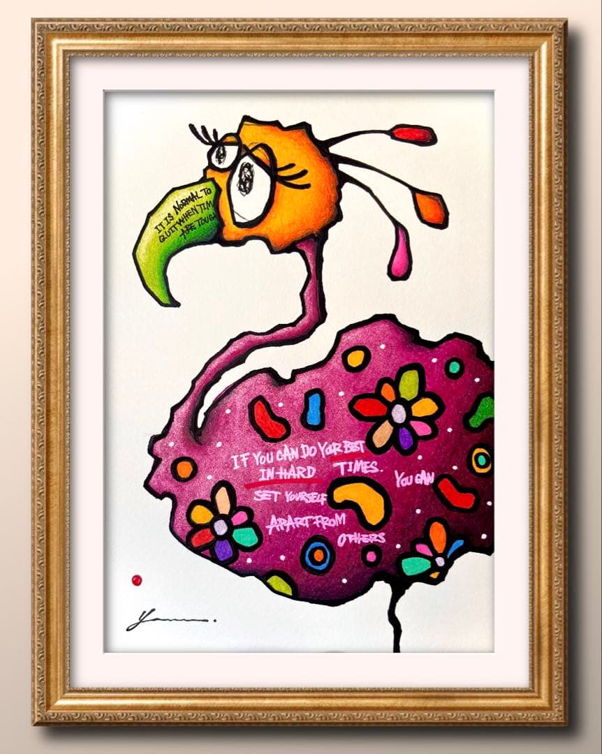 に*け様 「 逃げることをやめたフラミンゴ 」｜絵画 原画 抽象画 動物画 ドロ