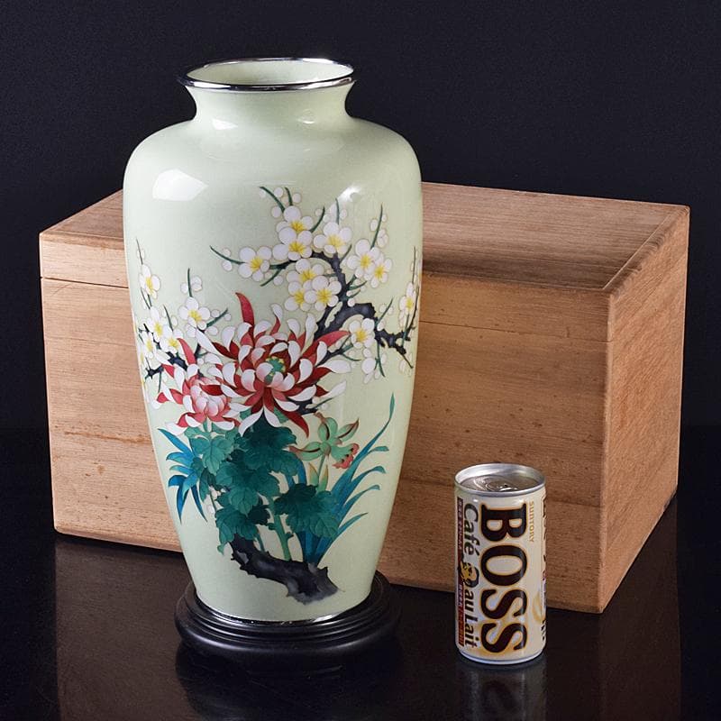 七宝焼　四君子文　花瓶　唐木台・時代箱付　M　R8383B