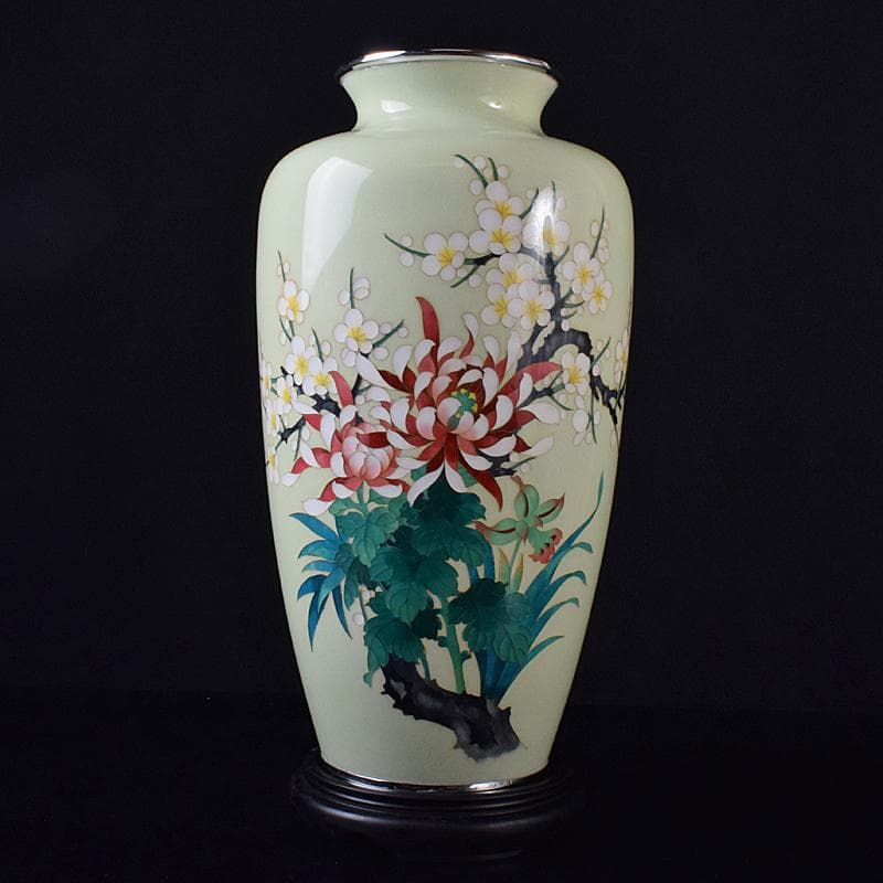 七宝焼　四君子文　花瓶　唐木台・時代箱付　M　R8383B