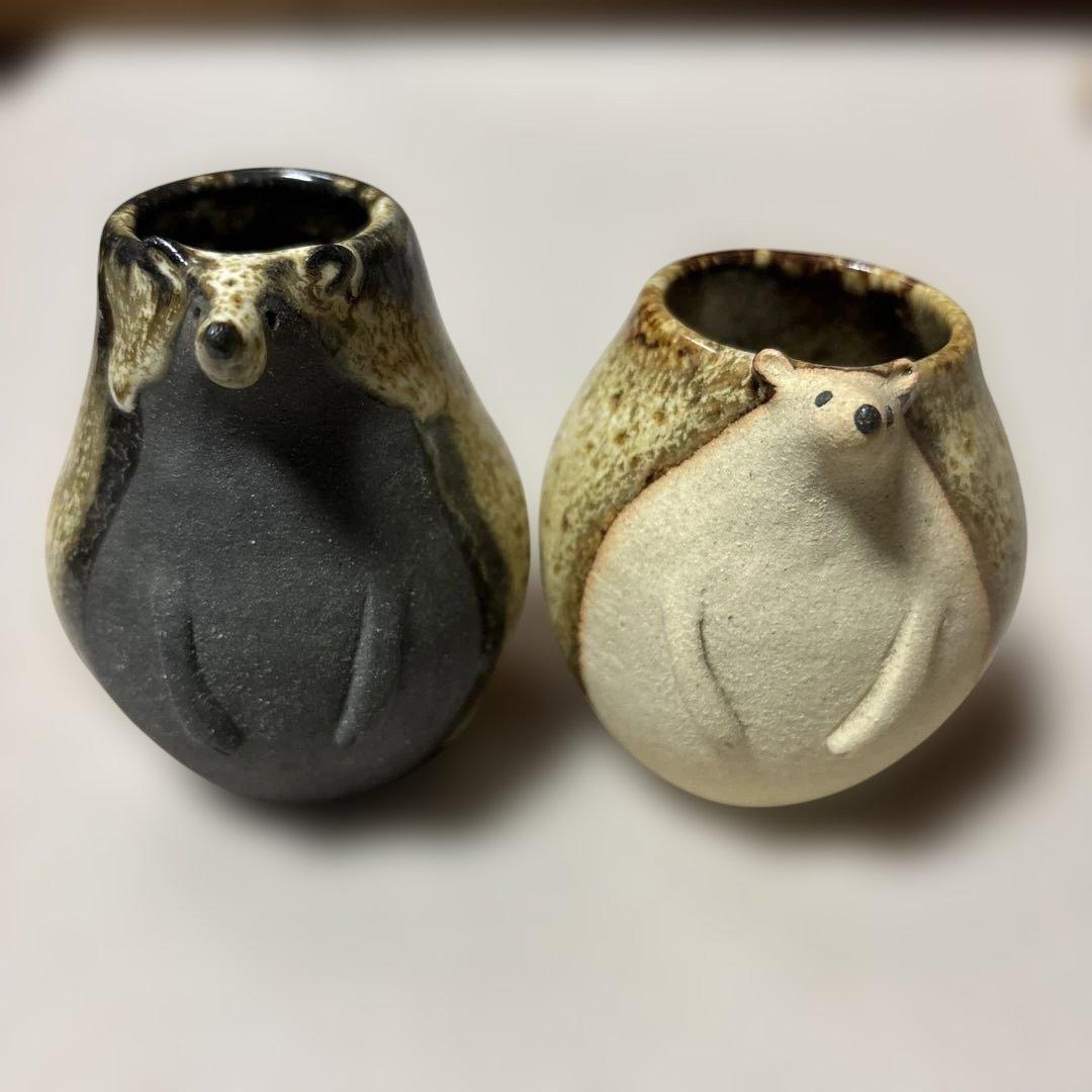 陶芸作家さん　ハリネズミお茶碗と一輪挿し、動物オブジェなど
