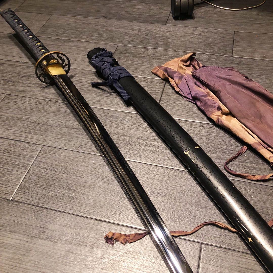 高級模造刀　高級居合刀　樋入り刀身　青緑金拵え　亜合金刀身　居合刀