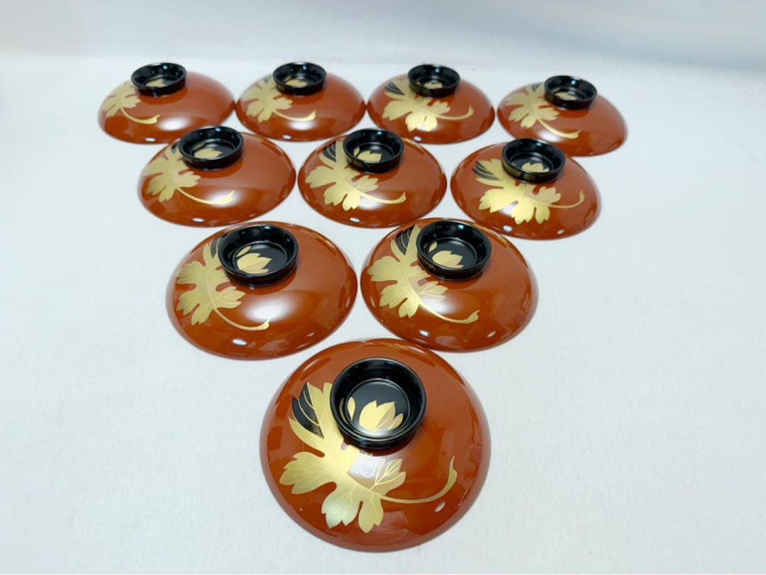 ほぼ未使用 懐石道具 木製 古代朱塗 金彩蒔絵 吸物椀十客組 内黒 木曾漆器共箱