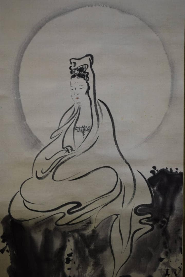 真作/青邱（画）/曹洞宗和尚（賛）/岩上観音画賛/布袋屋掛軸HF-37