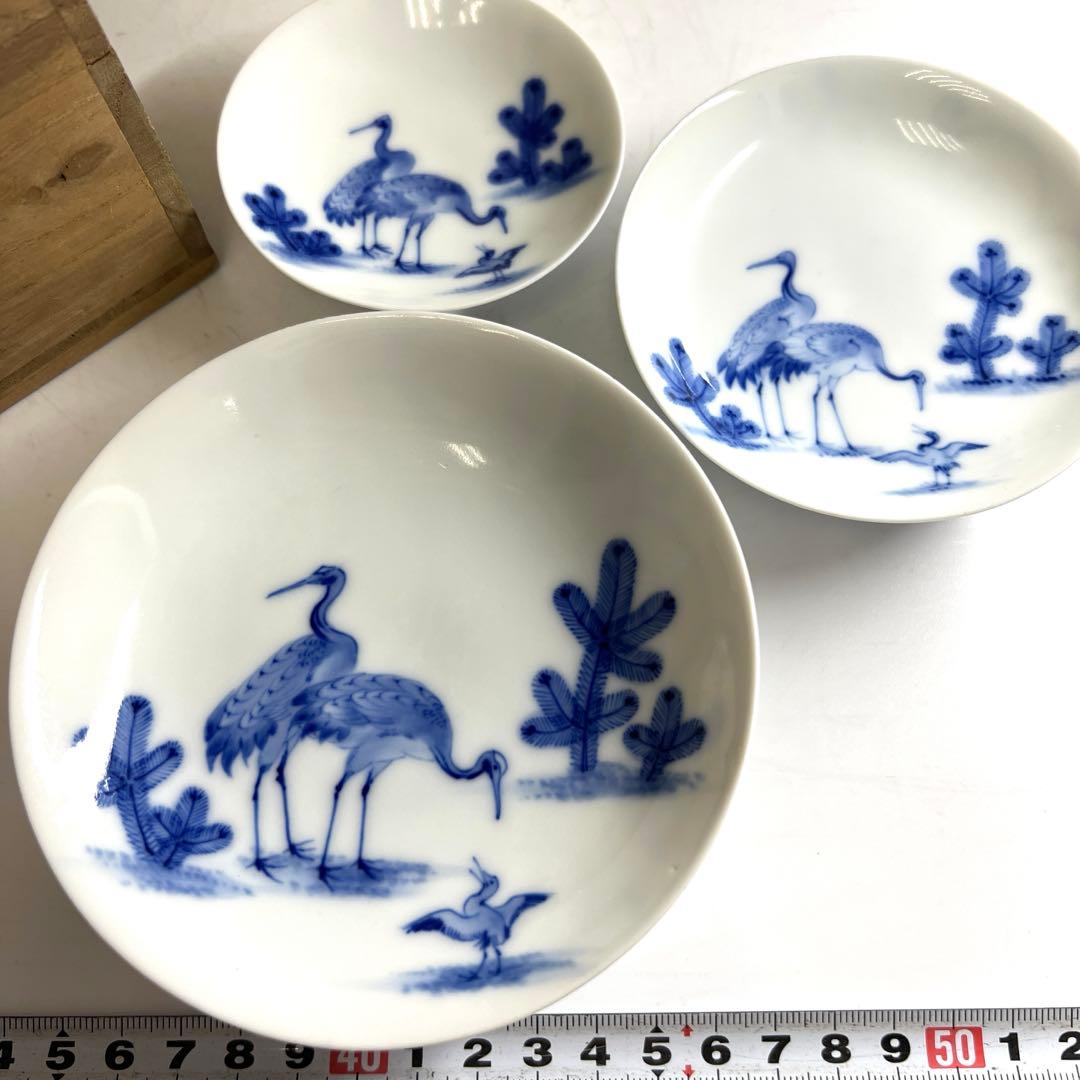 時代　深川製　染付三ツ盃　木箱付　直径11.6/9.6/7.9㎝