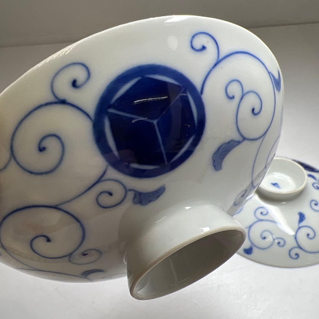 時代　深川製　染付三ツ盃　木箱付　直径11.6/9.6/7.9㎝