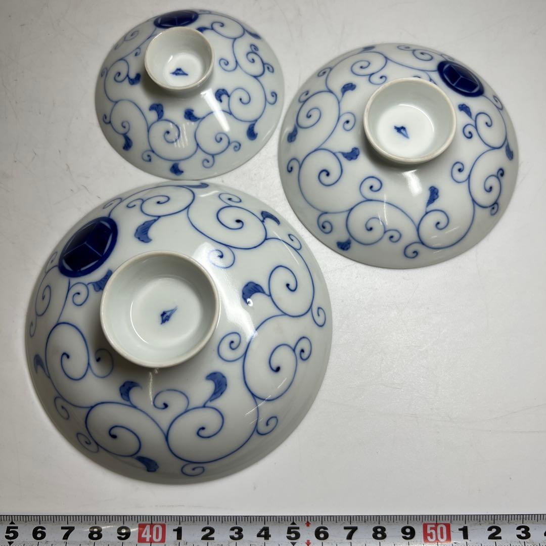 時代　深川製　染付三ツ盃　木箱付　直径11.6/9.6/7.9㎝