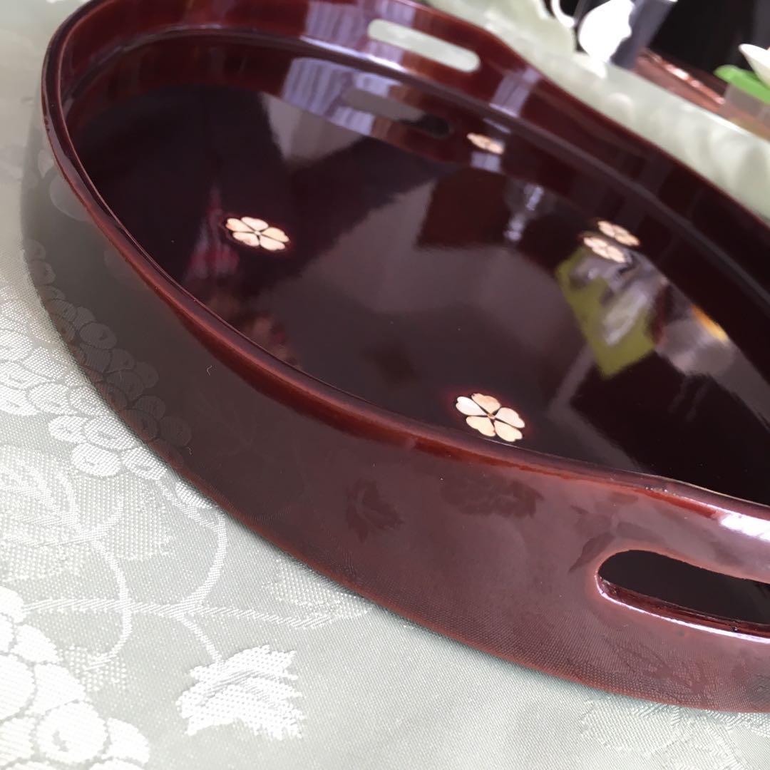 GG様リクエスト　輪島塗り　田村製/螺鈿桜文/ラウンド型手付き盆　ボルドーカラー