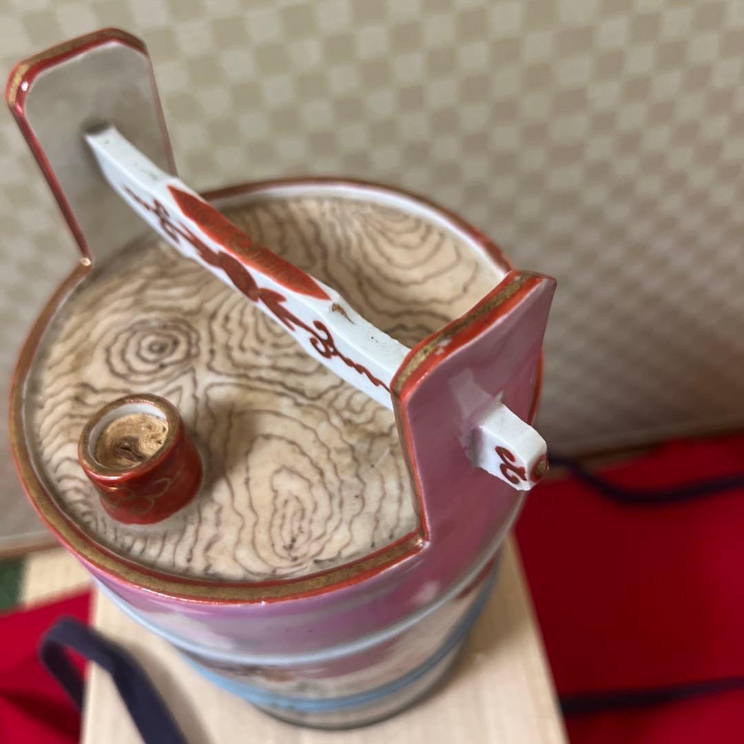 明治期超絶品九谷焼最高絵付　魚野菜尽くし手桶形水指　本物保証　逸品！