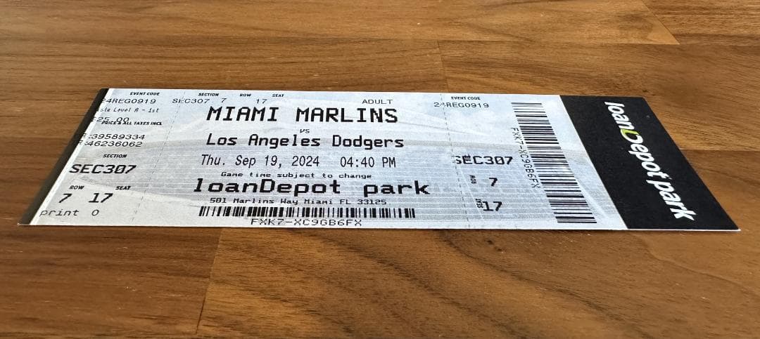 大谷翔平 50-50達成試合 未使用チケット 席番号17（大谷選手の背番号）