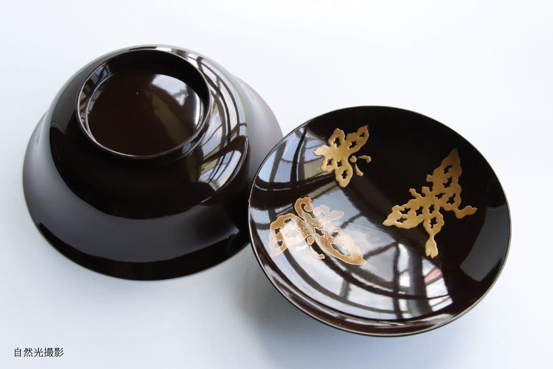 CK75 時代 木製漆器 輪島塗 蝶金蒔絵 黒塗椀 三客 天然木 梨地