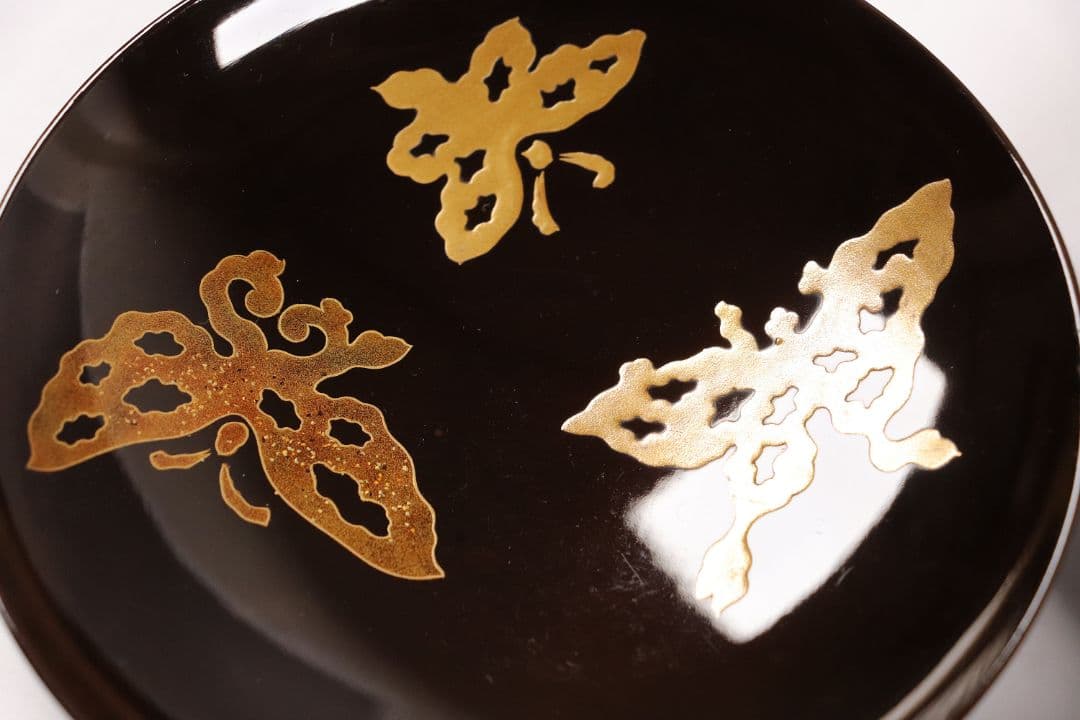 CK75 時代 木製漆器 輪島塗 蝶金蒔絵 黒塗椀 三客 天然木 梨地