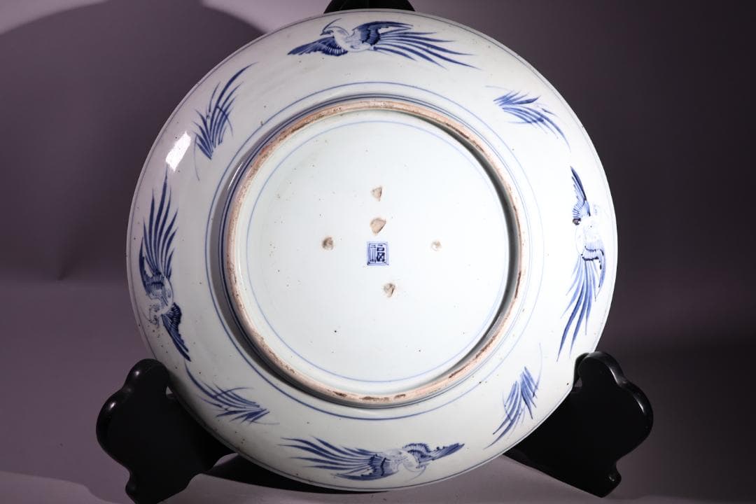 江戸中期　古伊万里　染付　大皿　花鳥風月図　角福銘　直径42㎝ BJ200