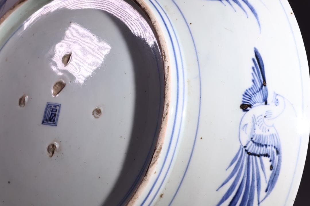 江戸中期　古伊万里　染付　大皿　花鳥風月図　角福銘　直径42㎝ BJ200