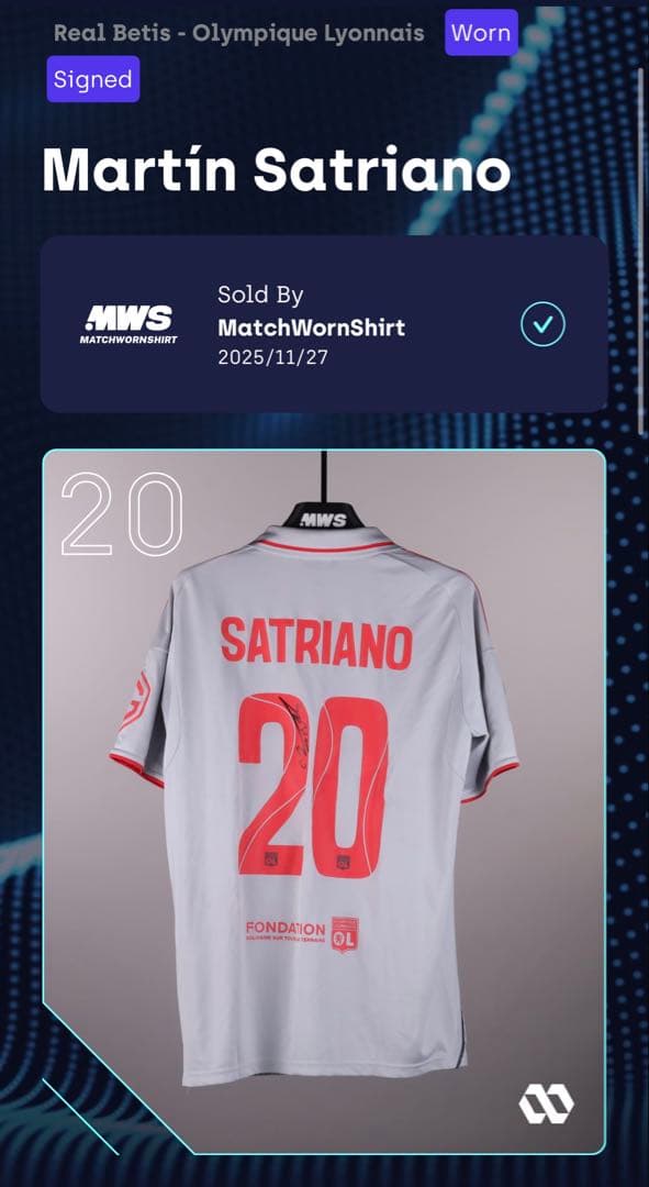 【オリンピック・リヨン】マーティン・サトリアーノ 実使用&サイン入りユニフォーム