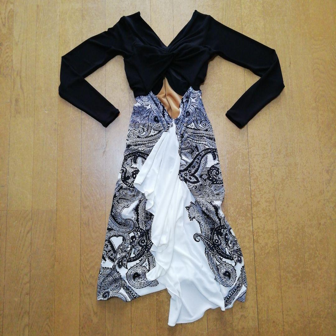 【社交ダンス】Chacottチャコット　白黒ペイズリー柄ワンピース　サイズS