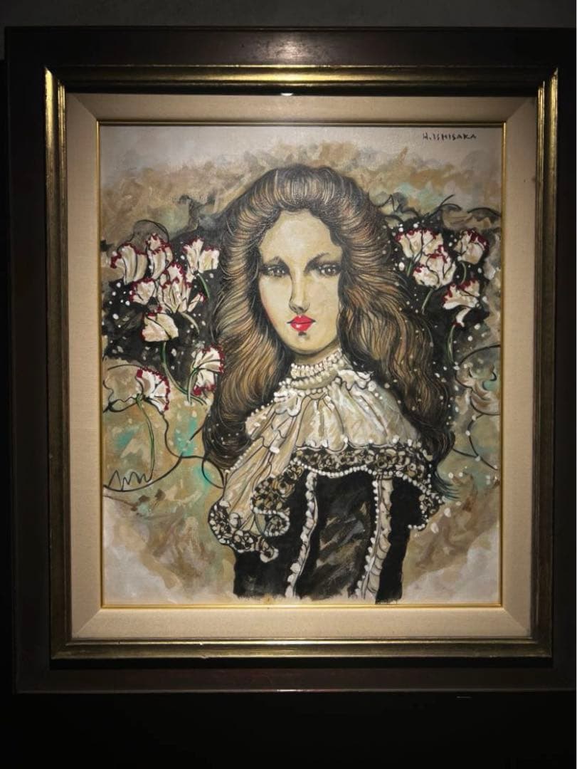 石阪春生　油彩画　シクラメンの花 『女の居る風景』