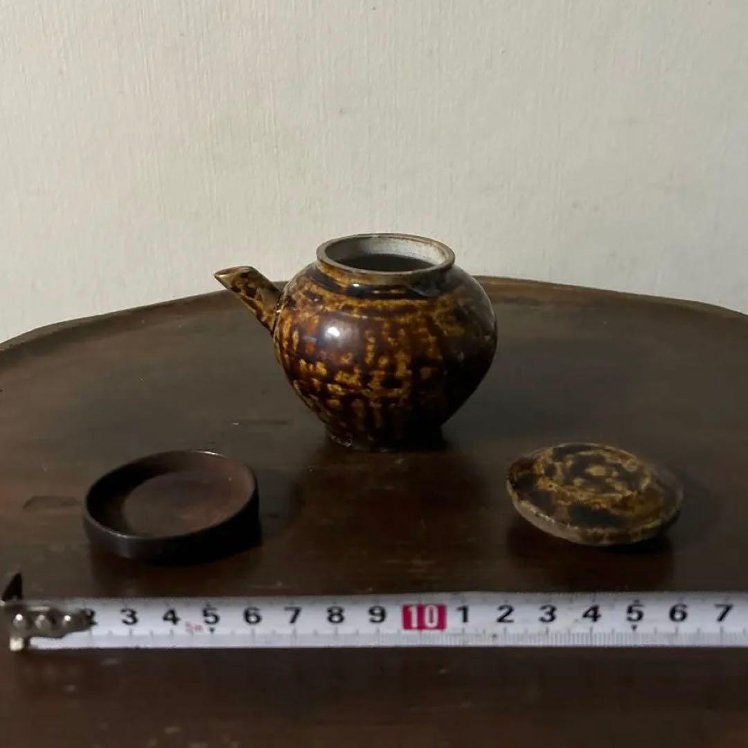 李朝飴釉薬蓋つき注ぎ口　酒器　煎茶　花入　アンティーク　古美術　骨董　　古美術