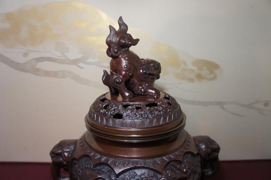 ★美品 高岡銅器 瑞峰作 新特大 花鳥 高級銅製香炉工芸作家造 送料込み