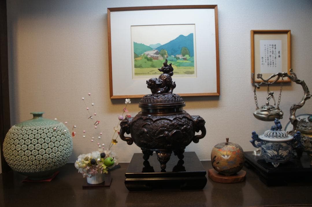 ★美品 高岡銅器 瑞峰作 新特大 花鳥 高級銅製香炉工芸作家造 送料込み