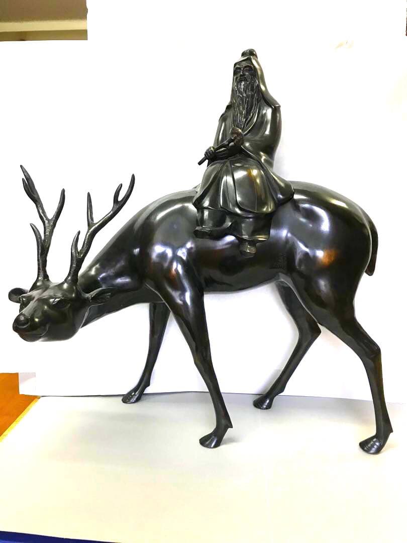 銅器:鹿乗寿老人置物