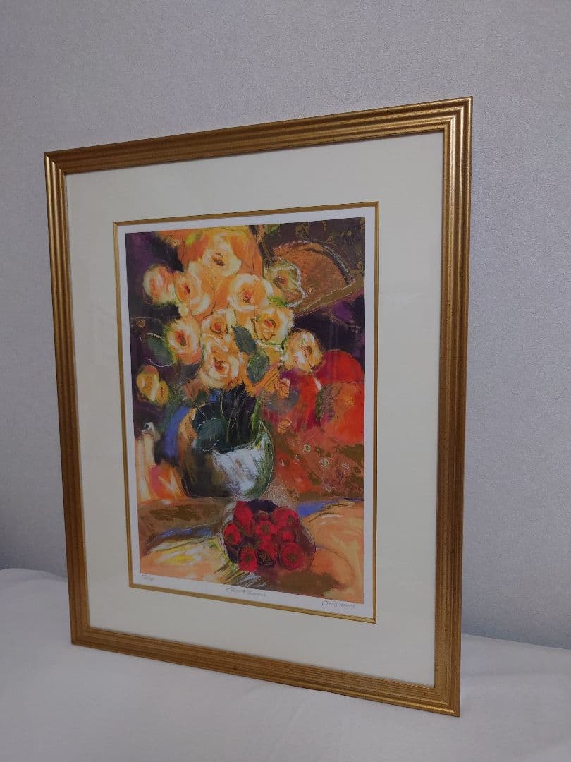 アンドリュープライス　黄色いバラ　版画　絵画　花　静物画　花瓶　額入り