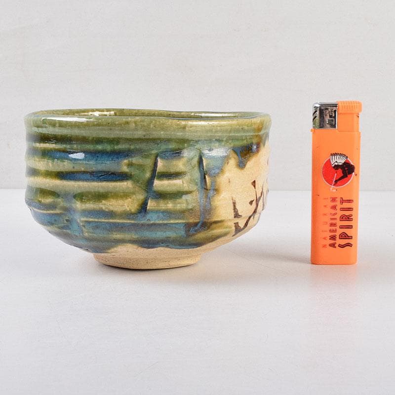 北大路魯山人作　織部焼　青織部　茶碗　銘「望雲」　清水公照極め箱　M　R9531