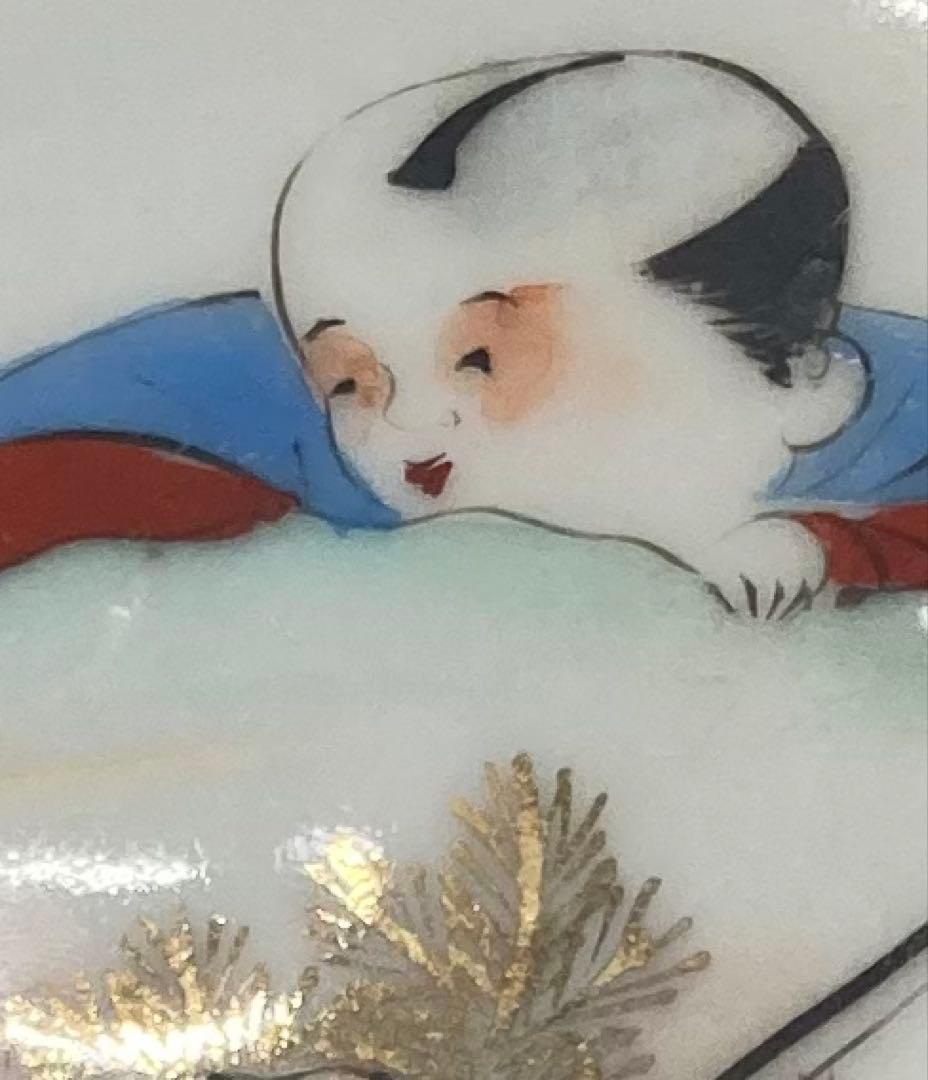 B556b 福助に扇 小皿　2枚組　図変り　縁起物　骨董　手描き