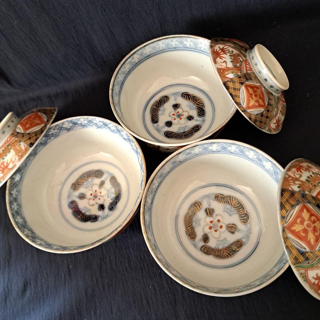 「蓋茶碗の色絵とフォルムを楽しむ！」 古伊万里茶碗(直径11.5cm)3客セット