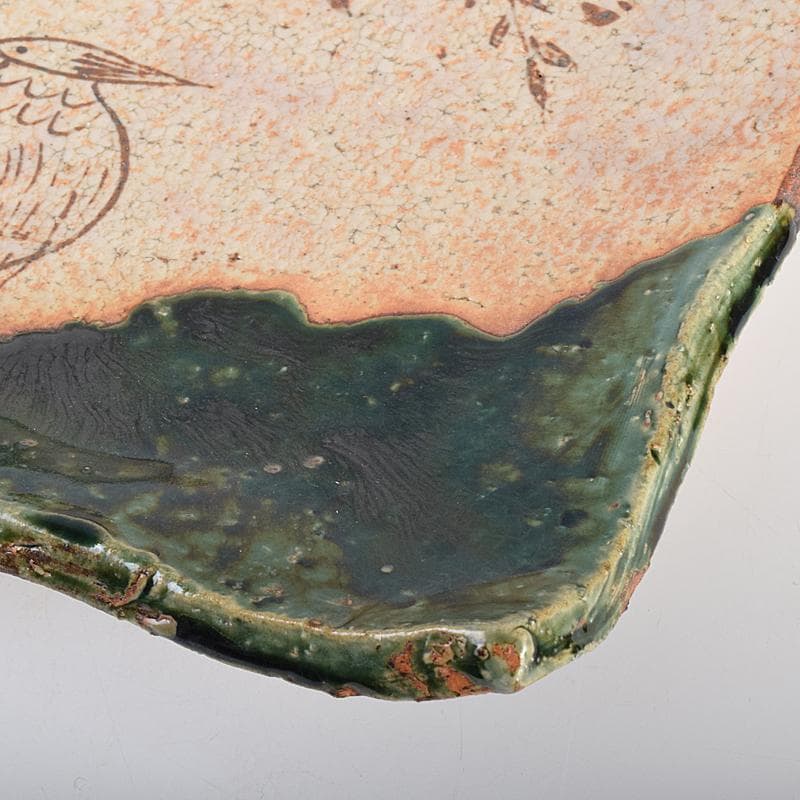 北大路魯山人作　織部焼　鳥絵　長四方皿　狙板　共布　極め箱　D　R7695B