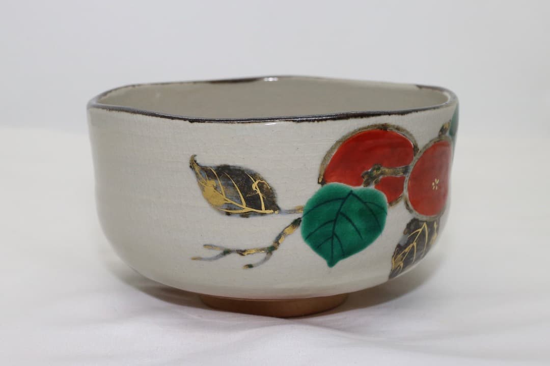 京焼 中村秋峰 乾山写柿絵 金彩 茶碗 茶道具 共箱 共布