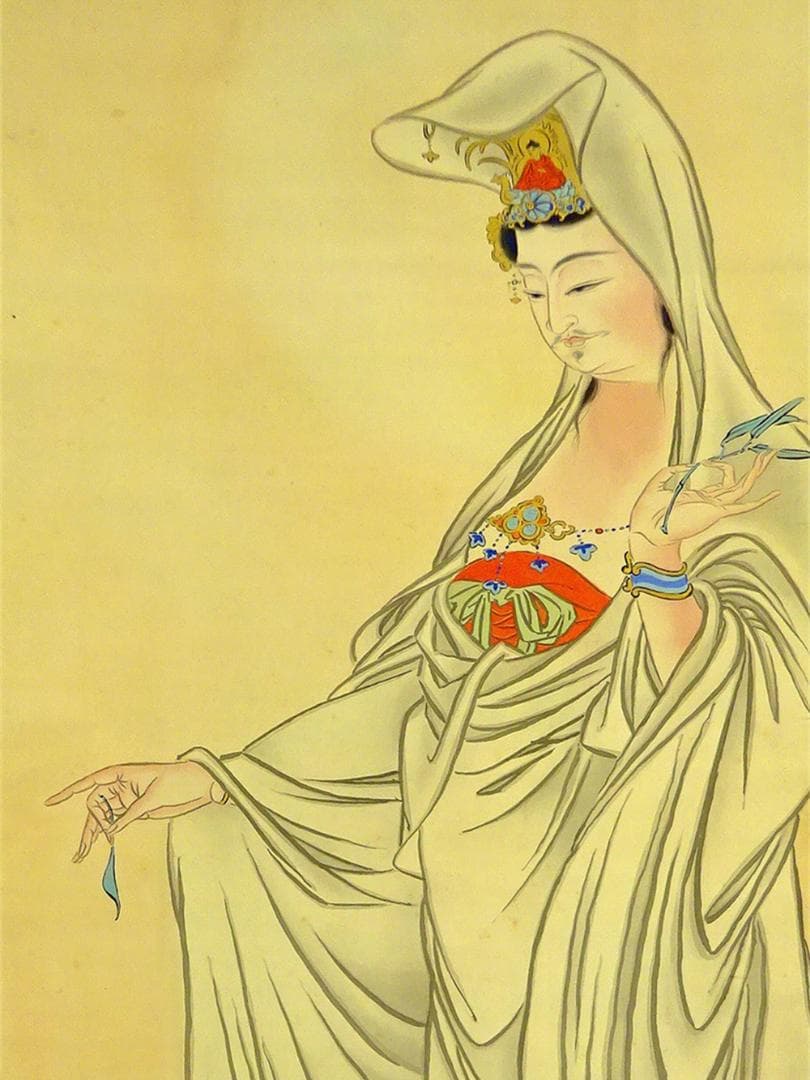 掛軸 箑城『白衣観世音立像図』仏画 絹本 肉筆 無地箱付 掛け軸 a11155