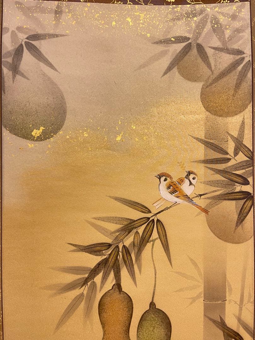 金武翠輝 肉筆 「六瓢福雀」 日本画 絵画 瓢箪 掛軸 掛け軸 花鳥 アート