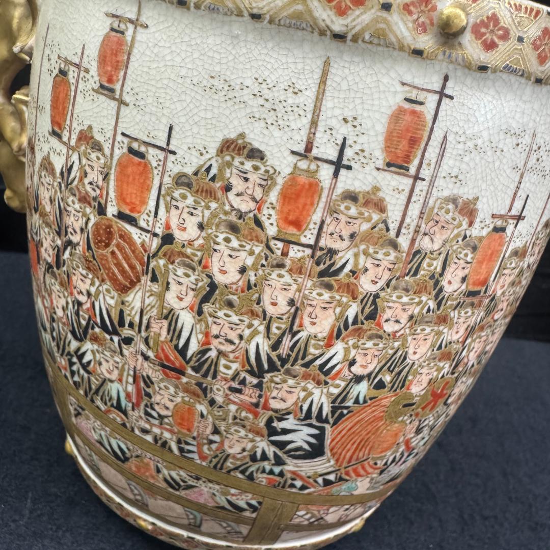 希少！薩摩焼 武将図 金彩香炉 獅子摘 古薩摩 箱付 名家旧蔵 明治時代 耳キズ