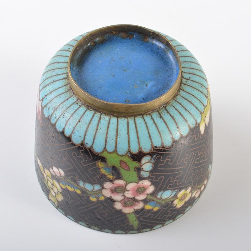 中国　古七宝琺瑯彩　花文　煎茶碗　黒柿蓋　時代箱　C　R6444