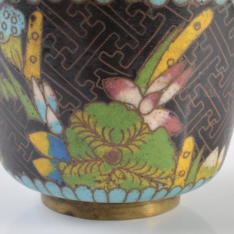 中国　古七宝琺瑯彩　花文　煎茶碗　黒柿蓋　時代箱　C　R6444