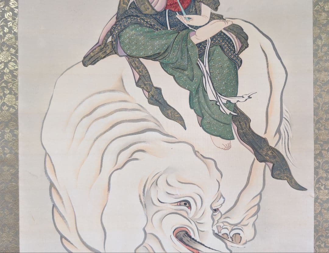 真作 武藤鶴城 文殊菩薩 着色絹本 仏画 掛軸 共箱 仏教美術