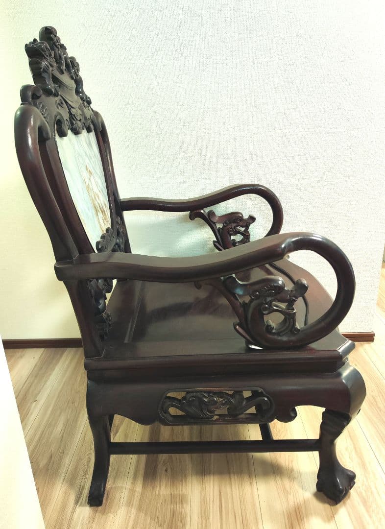 残り2脚　希少骨董　 大理石インレイ椅子　玉座　宮廷　紅木　紫檀　黒檀花梨李朝①