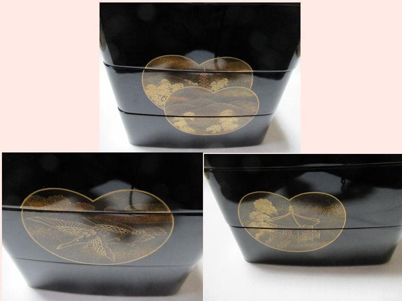 輪島塗　三段重箱　団扇に近江八景蒔絵　大雅堂　五郎造