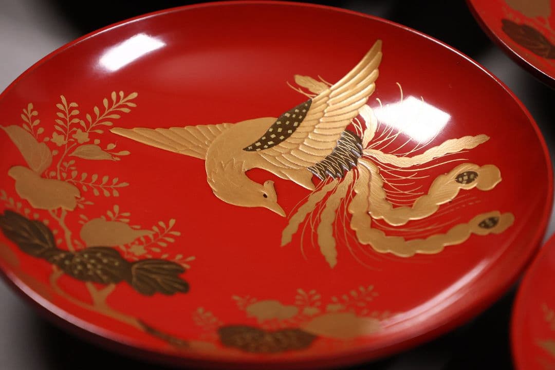 【MA776】時代木製漆器 桐鳳凰・菊 金蒔絵 朱塗 引盃 五客 木製漆器 小皿