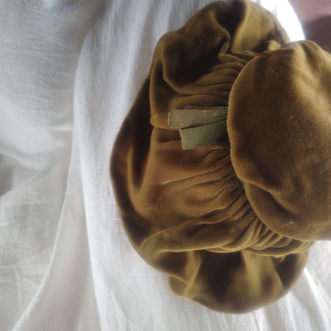 アンティーク　帽子　オリーブグリーン　ベルベット　グログランリボン