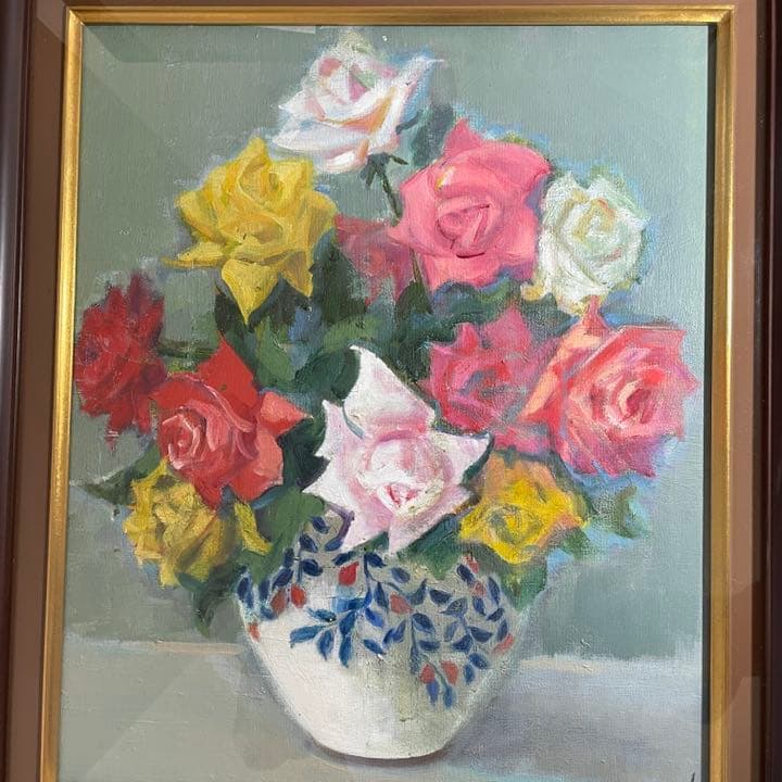 ◆油彩画 紺綬褒章画家【有賀潤】『ばら』 F8号◆