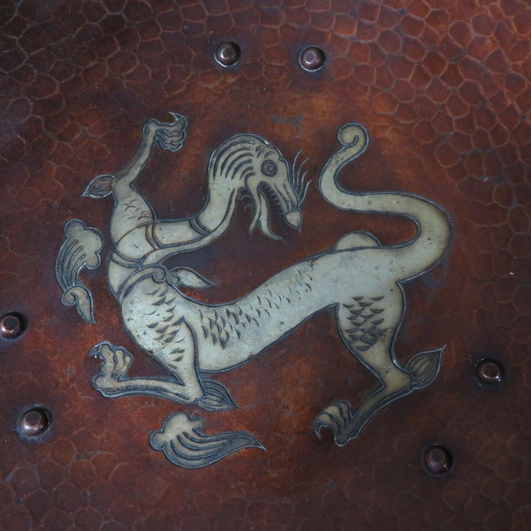 銅蟲鎚目 雲龍図三足菓子器 毛織雲龍図三足盆 菓子盆 菓子器 共箱 木箱付