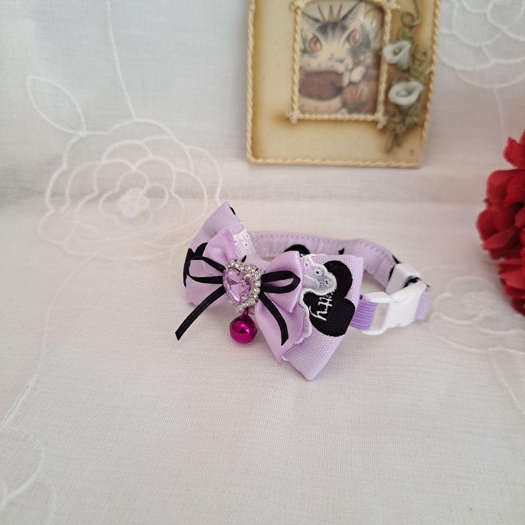 シングルリボン、バレンタインハート柄(パープル)わんちゃん猫ちゃん用首輪
